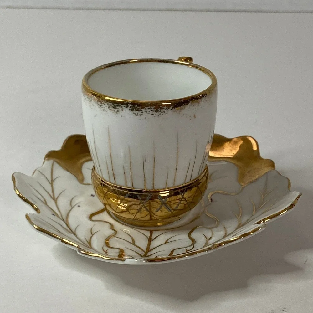 Vintage Gilt Porcelain Demitasse Cup Saucer Set Gold Leaf Scalloped Espresso Tea